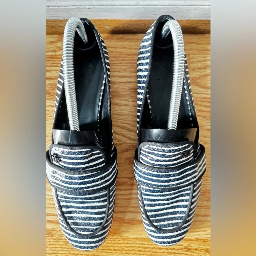Tory Burch Blue/White Stripe Snakeskin Embossed Leather Smoking Slippers Size 9M